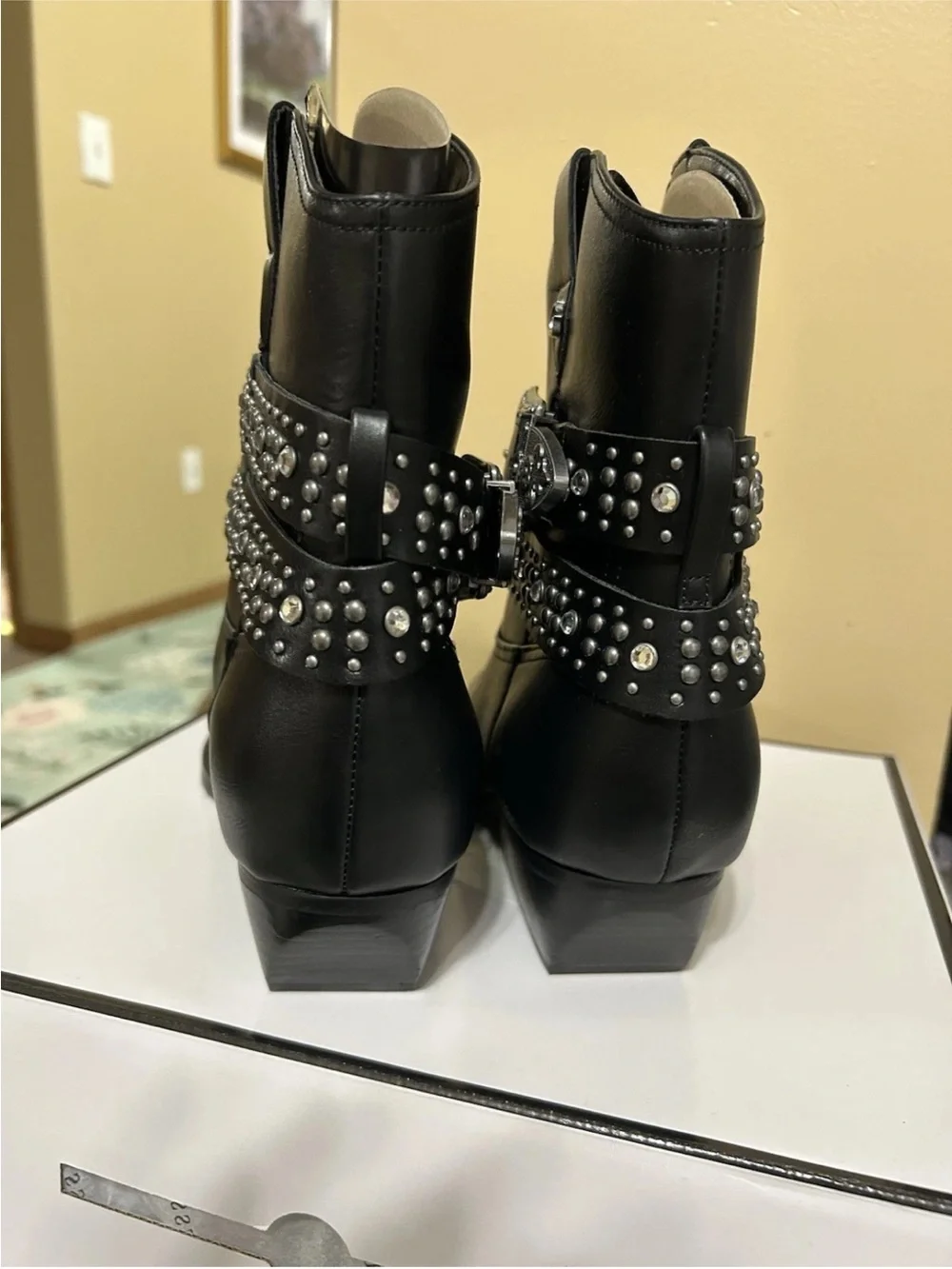 Guess Black Studded Western Ankle Boots with Silver Buckle